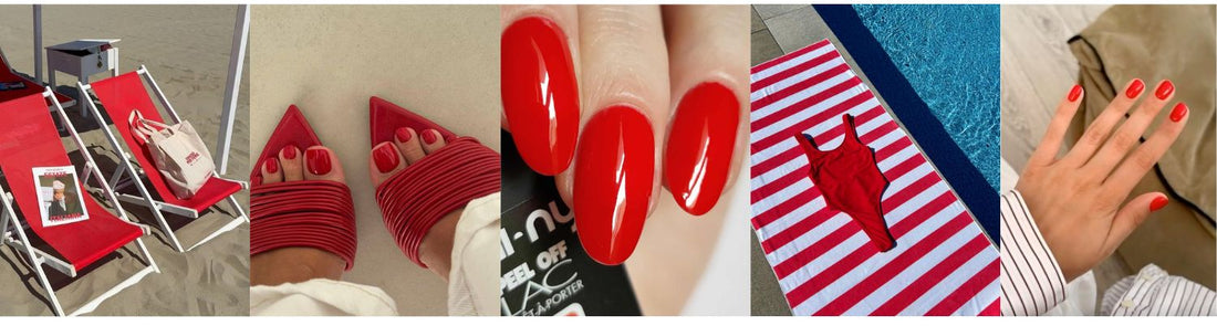 Collage estivo con manicure rosso brillante, pedicure coordinata, ciabatte rosse, costume intero rosso su telo mare a righe rosse e bianche e lettini in spiaggia con accessori coordinati.