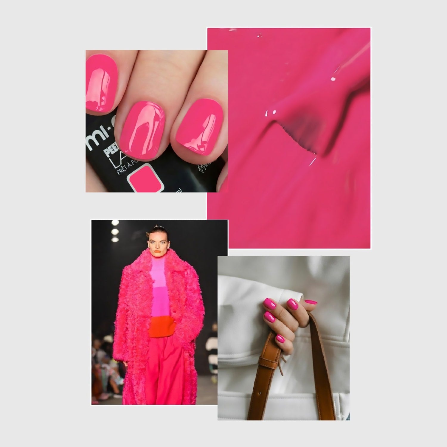 Moodboard ispirazionale colore Teaberry: manicure rosa fucsia abbinata a look moda e accessori nella stessa tonalità