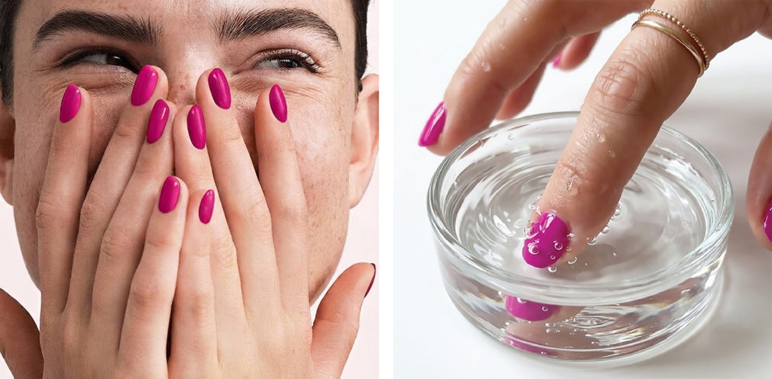 Smalto Peel Off fucsia su unghie a mandorla e dimostrazione di rimozione in acqua calda