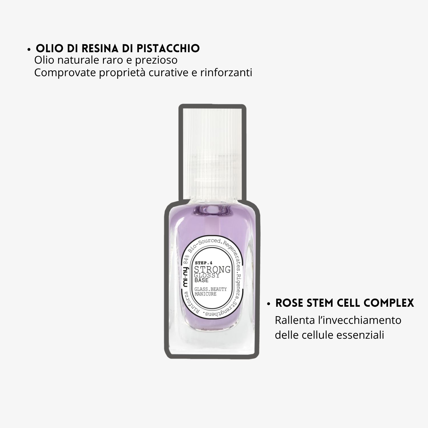 Boccetta di base indurente "Strong Glossy Base" per unghie con olio di pistacchio curativo e Rose Stem Cell Complex anti-invecchiamento.