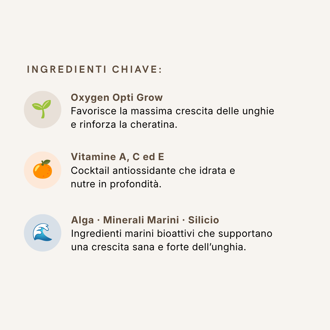 Ingredienti della base unghie Hydra Glossy Base: complessi vitaminici, alghe e minerali marini per favorire la crescita e il rinforzo della lamina ungueale.