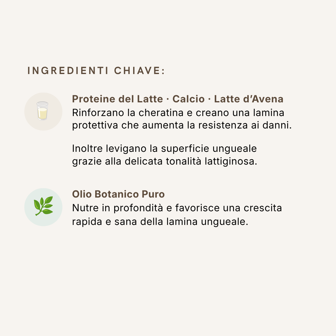 Ingredienti chiave della base unghie Milky Glossy Base: proteine del latte, calcio e latte d'avena per unghie resistenti, sane e levigate.