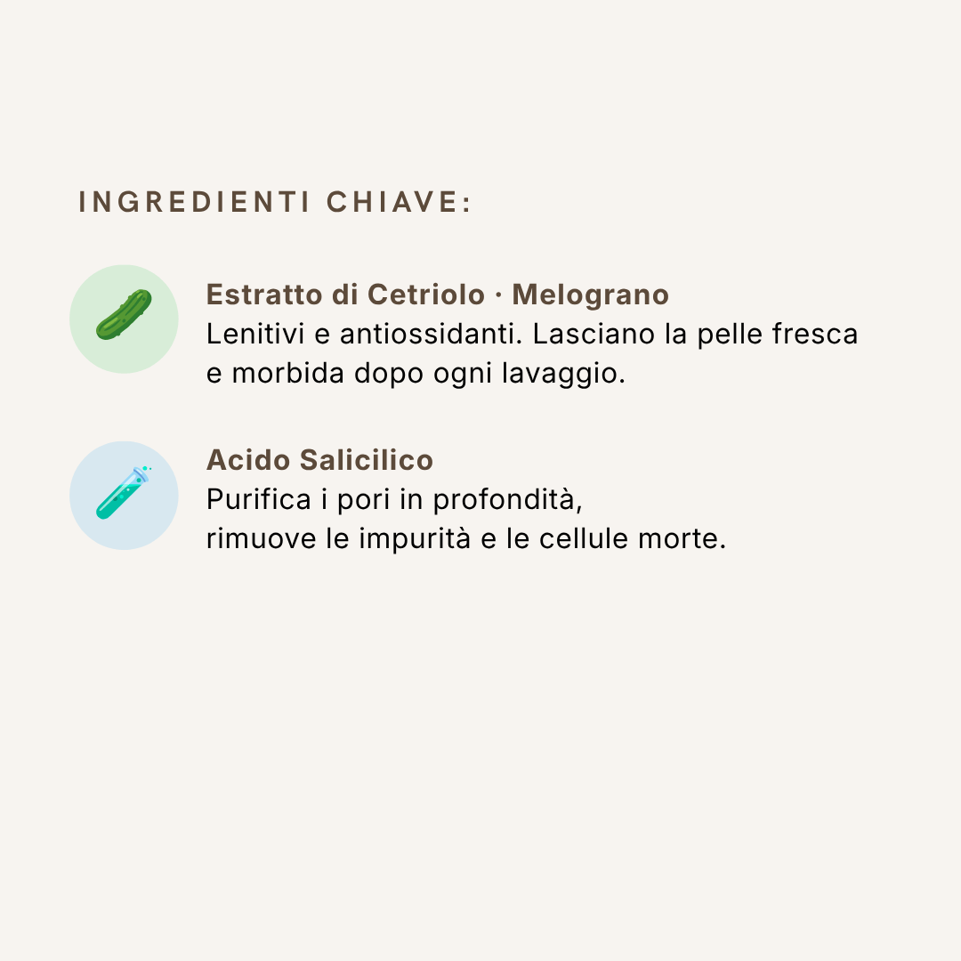 Proprietà Plant Mousse: detergente con estratto di Cetriolo, Melograno e Acido Salicilico per una pulizia profonda e pelle fresca.