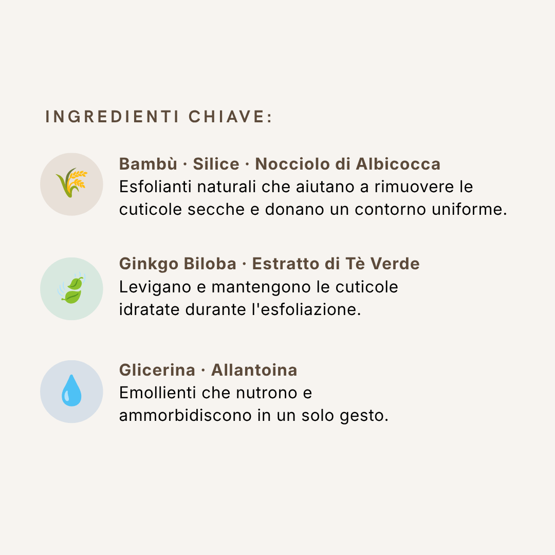 Ingredienti Detox Refresh Gel: esfolianti naturali al bambù e nocciolo di albicocca con estratto di tè verde per cuticole idratate e levigate.