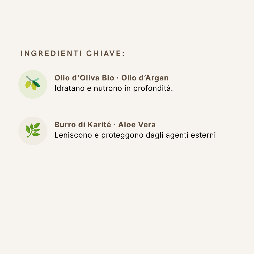Ingredienti e benefici dell'olio Hydra Boost: mix nutriente con olio d'oliva bio, argan, burro di karité e aloe vera per idratazione profonda.