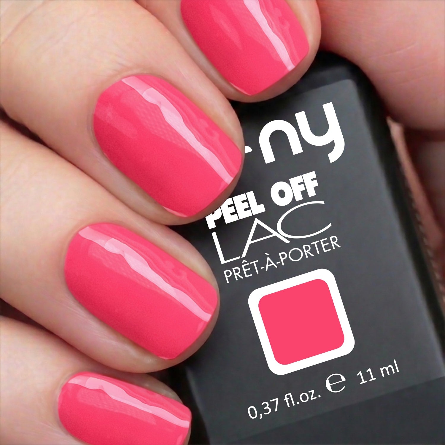 Unghie con smalto peel-off NY Guava rosa corallo acceso, confezione prêt-à-porter 11ml in primo piano