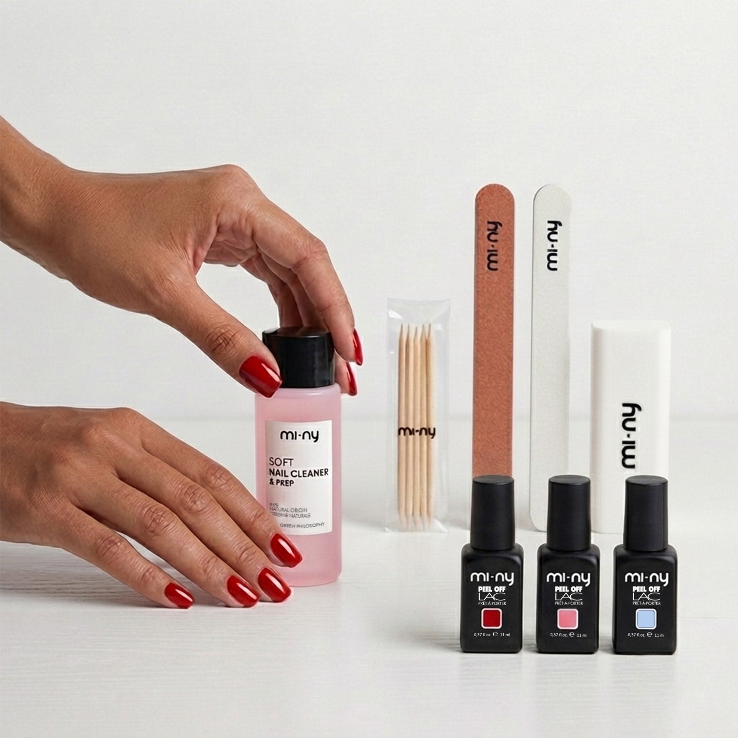 Kit starter smalto semipermanente peel-off mi-ny con 3 colori, comprende Soft Nail Cleaner & Prep, buffer, bastoncini in legno e due lime.